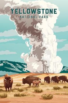 size: 18x12in Art Print: Yellowstone National Park, Wyoming - Painterly National Park Series - Bison and Geyser by Lantern Press : Old Faithful Geyser, Retro Travel Poster, Old Faithful, National Park Posters, Printing Press, Yellowstone National, Stock Paper, Yellowstone National Park, Months In A Year