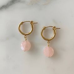 rose quartz hoop earrings Rose Quartz Earrings Gold, Elegant Rose Quartz Drop Earrings, Rose Quartz Gemstone Drop Earrings, Elegant Nickel-free Rose Quartz Earrings, Pink Rose Quartz Earrings With Natural Stones, Loving Energy, Love Energy, Natural Form, Gold Piece