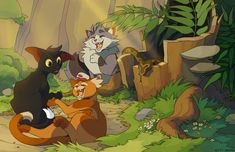 an animated scene with several cats in the woods and one cat sitting on the ground