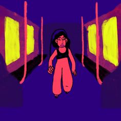 a drawing of a woman walking down a hallway with yellow lights on the walls and floor