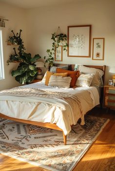 a bed sitting on top of a wooden floor next to a plant in a bedroom