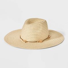 Bring a touch of style to your sunny weather outfits with this Straw Panama Hat from Universal Thread™. This on-trend Panama hat features a solid hue with beaded accents to complement your ensemble. Crafted from lightweight paper straw for all-day comfortable wear, it features an adjustable design to help you find the right fit. Plus, the four-inch wide brim keeps your face shaded from the sun's rays. Universal Thread™: Found exclusively at Target. Gold Fedora With Curved Brim For Beach, Gold Curved Brim Fedora For Beach, Gold Wide Brim Fedora For Beach, Adjustable Gold Fedora For Summer, Gold Fedora For Summer Beach, Gold Fedora For Beach In Summer, Gold Flat Brim Sun Hat For Beach, Summer Beach Gold Fedora, Gold Summer Beach Fedora