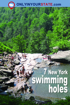 people are swimming in the water near some rocks and trees with text that reads, 7 new york swimming holes