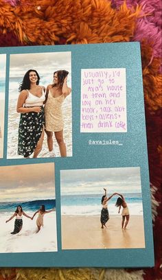 an open photo book with pictures of two women on the beach and one is holding her hand out