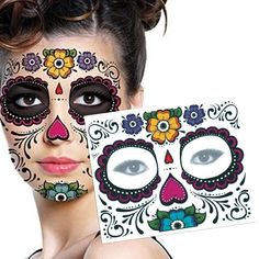 a woman with face paint holding up a card that says, day of the dead