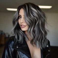 50 Trending Medium-Length Wavy Hairstyles This Year Dark Ash Hair With Highlights, Black And White Hair Medium Length, Dark Brown Hair With Grey Highlights Gray Ash Blonde, Brunette Hair Silver Highlights, Beach Wave Hairstyles Medium, Black Hair With Grey Highlights Long, Black And Grey Ombre Hair, Silver Hair Highlights Going Gray, Medium Length Grey Hair