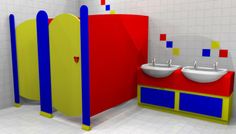 a bathroom with two sinks and a large colorful partition in the wall next to it