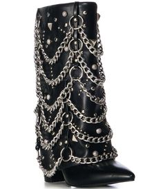 From Azalea Wang, the Aleena Chain Hardware Western Inspired Boots feature:Synthetic upperChain and stud hardware detailingPull on designSynthetic liningSynthetic otusoleApprox. 11.7" shaft heightApprox. 13.4" shaft circumferenceApprox. 4.5" heel heightImported. Gothic Rocker Style, Ethereal Accessories, Indian Boots, Platform Heeled Boots, Gothic Western, Chain Boots, Platform Heels Boots, Outfit Png