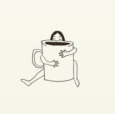 a drawing of a person sitting on top of a coffee cup with their arms wrapped around each other