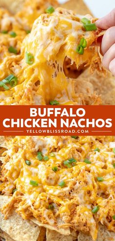 buffalo chicken nachos with melted cheese and green onions on top are being held up to the camera