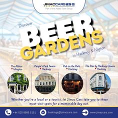 a flyer for a beer garden with images of different buildings and their name on it