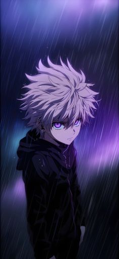 an anime character with white hair and blue eyes in the rain, looking at something