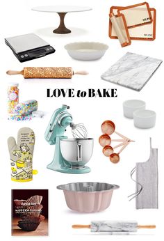 various kitchen items are arranged in the shape of a collage with words love to bake