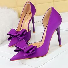 Eco Bowknot Silks Satins Lady Heels Purple Pumps, Wedding Purple, Bow Pumps, Butterfly Knot, Office Shoes, Pink Solid, Super High Heels, Wedding Heels, Women's Heels