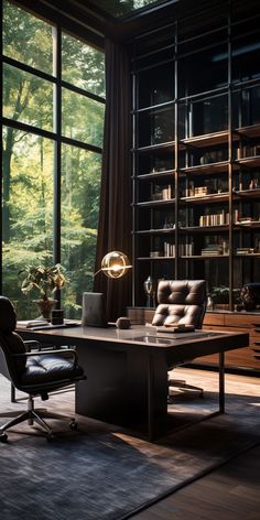 an office with large windows and a desk in front of a bookcase filled with books