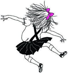 a drawing of a girl wearing a dress with a pink bow on her head flying through the air