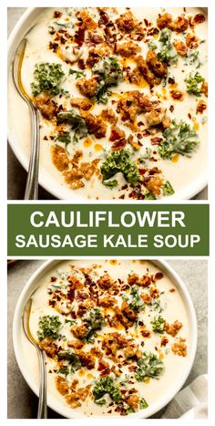 cauliflower sausage kale soup in a white bowl