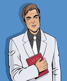 a man in a white suit holding a red book with the word legal on it