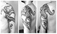 three different views of a man's back with tattoos on his arm and shoulder