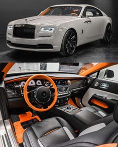 the interior of a rolls royce is shown in this split screen photo and shows an orange leather seat