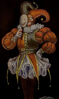 a painting of a clown dressed in an orange and black outfit with his hands on his hips