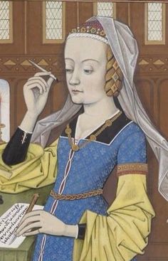 a painting of a woman in medieval dress writing on a white paper and holding a pipe