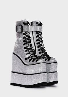 Club Exx Doubled Stacked Rhinestone Wedge Platform Boots - Silver – Dolls Kill Wedge Platform Boots, Goth Platform Boots, Goth Platforms, Studded Boots, Rave Wear, Silver Shoes, Boots Knee, Alternative Outfits, Really Cute Outfits