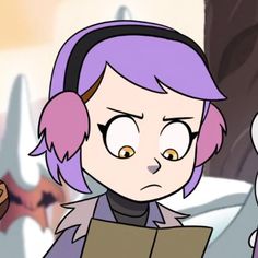 a cartoon character with purple hair and headphones on holding a book in front of her face