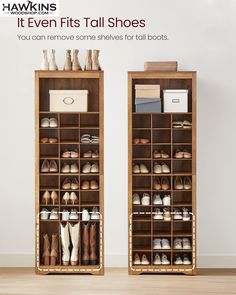 two tall wooden shelves filled with shoes