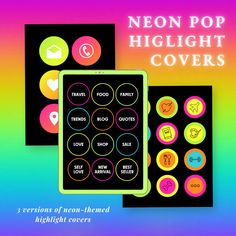 neon pop highlight covers for the ipad and iphone, with text overlaying them