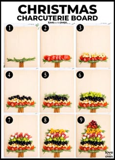 the instructions for how to make a christmas tree made out of fruits and vegetables on a board