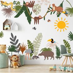 an animal themed wall mural in a children's room