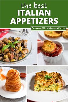 The Best Italian Appetizers collection by Cooking with Mamma C. Eggplant caponata in a bowl, breaded eggplant dipped in marinara sauce, stack of onion rings, piece of zucchini bake in a dish. Italian Finger Foods, Italian Starters, Crab Appetizer, Italian Recipes Appetizers, Healthy Italian Recipes, Healthy Italian, Roasted Cherry, Italian Appetizers, Roasted Cherry Tomatoes