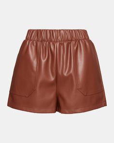 Crafted for comfort and style, the FAUX THE RECORD short features a wide elastic waistband that is both chic and versatile. The faux leather material adds a touch of ruggedness, while the pull-on design allows for easy wear. Faux leather shorts Two functional side pockets Inseam: 2" Length: 14" 100% polyurethane Care instructions: wipe clean with a damp cloth, do not bleach, line dry, use pressing cloth and iron on low if necessary, do not dry clean Shop the set here Amy is 5ft 11in and is weari Brown Leather Short Bottoms, Fall Shorts With Elastic Waistband, Brown Faux Leather Short Bottoms, Chic Brown Leather Shorts, Casual Leather Shorts For Fall, Faux Leather Shorts For Fall, Spring Leather Brown Shorts, Brown Leather Shorts For Spring, Spring Brown Leather Shorts