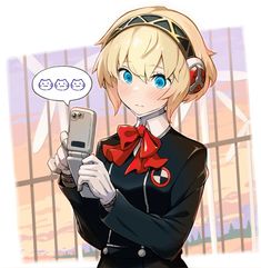 an anime character holding a cell phone and wearing headphones, with a speech bubble above her