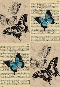 four butterflies on sheet music with musical notes in the background and one blue butterfly flying over it