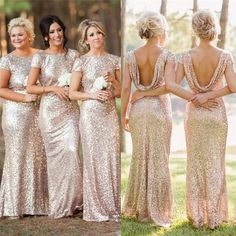 the bridesmaids are wearing gold sequin gowns