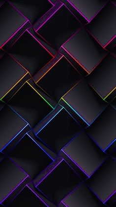 an abstract black background with multicolored lines and squares in the shape of rectangles