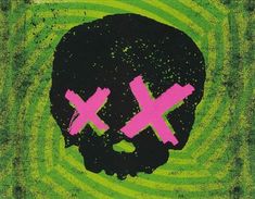 a black skull with pink crosses painted on it's face in front of a green background