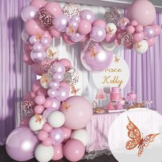 a table with balloons, cake and other items on it for a princess birthday party