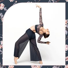 a woman is doing a yoga pose in front of a floral frame with pink flowers