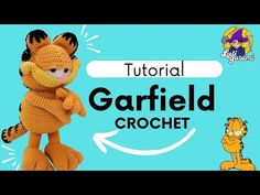 a crocheted stuffed animal is shown in front of a blue background with the words garfield