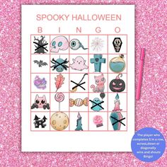 the spooky halloween bingo game is shown on a pink background with glitters