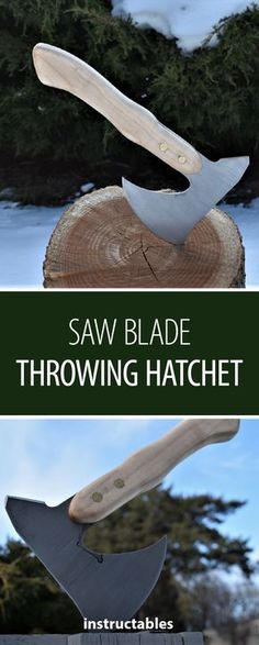 an image of saw blade throwing hatchet with text overlay that reads saw blade throwing hatchet