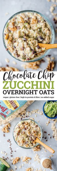 chocolate chip zucchini overnight oats in a glass bowl