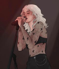 a drawing of a woman with white hair and black pants holding a microphone in front of her face