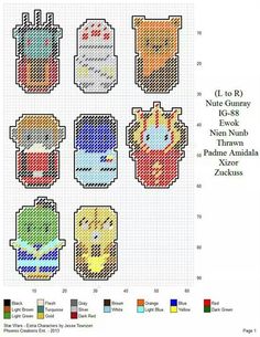 the cross stitch pattern shows different types of cups and their names on each cup, as well as numbers