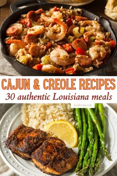 cajun and creole recipe with shrimp, rice, asparagus and lemon wedges