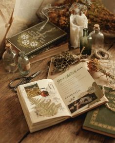 an open book sitting on top of a wooden table next to bottles and other items