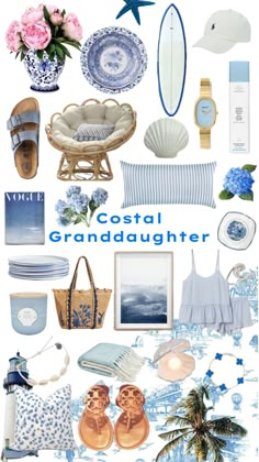 a collage of blue and white items with the words coastal granddaughter written below it